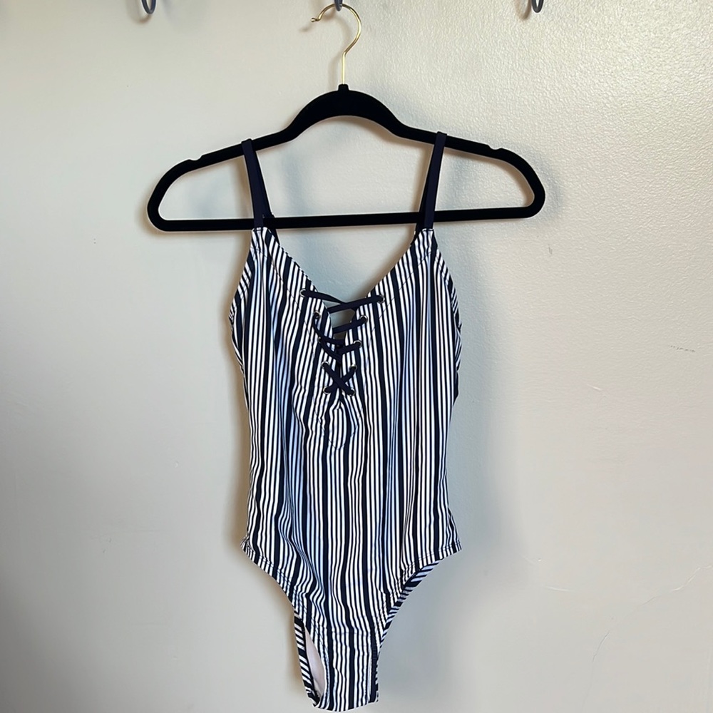 Women’s Navy White Striped Lace-up One Piece | Medium